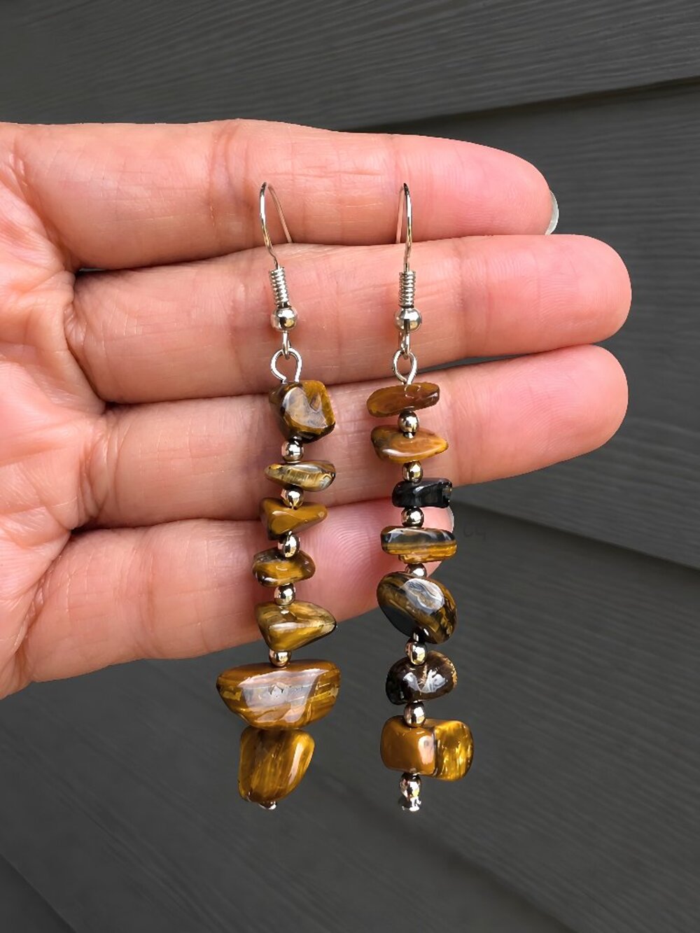 Tiger Eye Stone Dangle Earrings Boho Handmade Crystal Jewelry - Silver